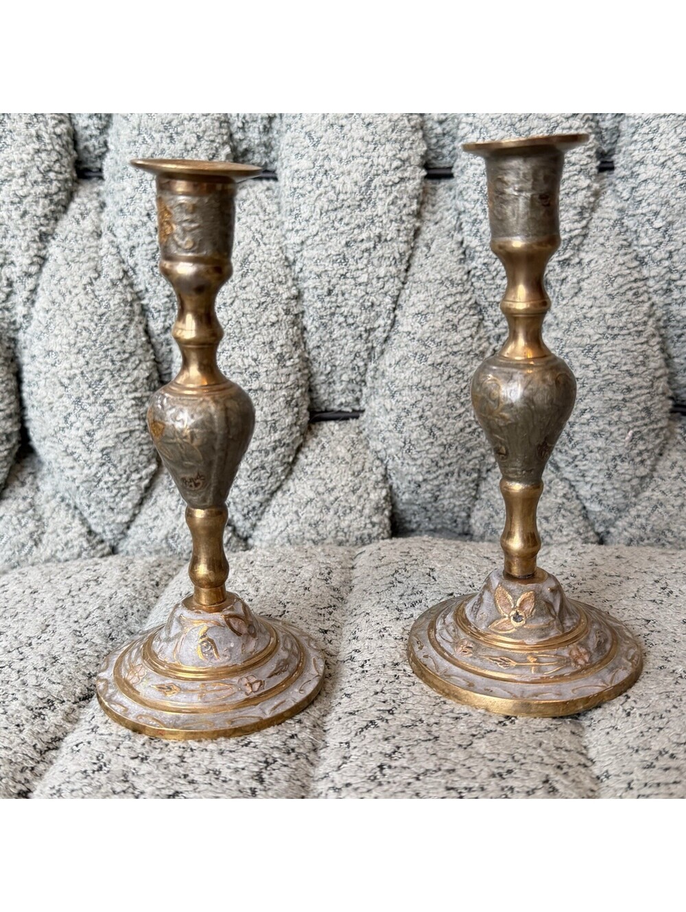 VINTAGE Set of 2 Indian Brass Enamel Floral Design Candlesticks 6” Tall